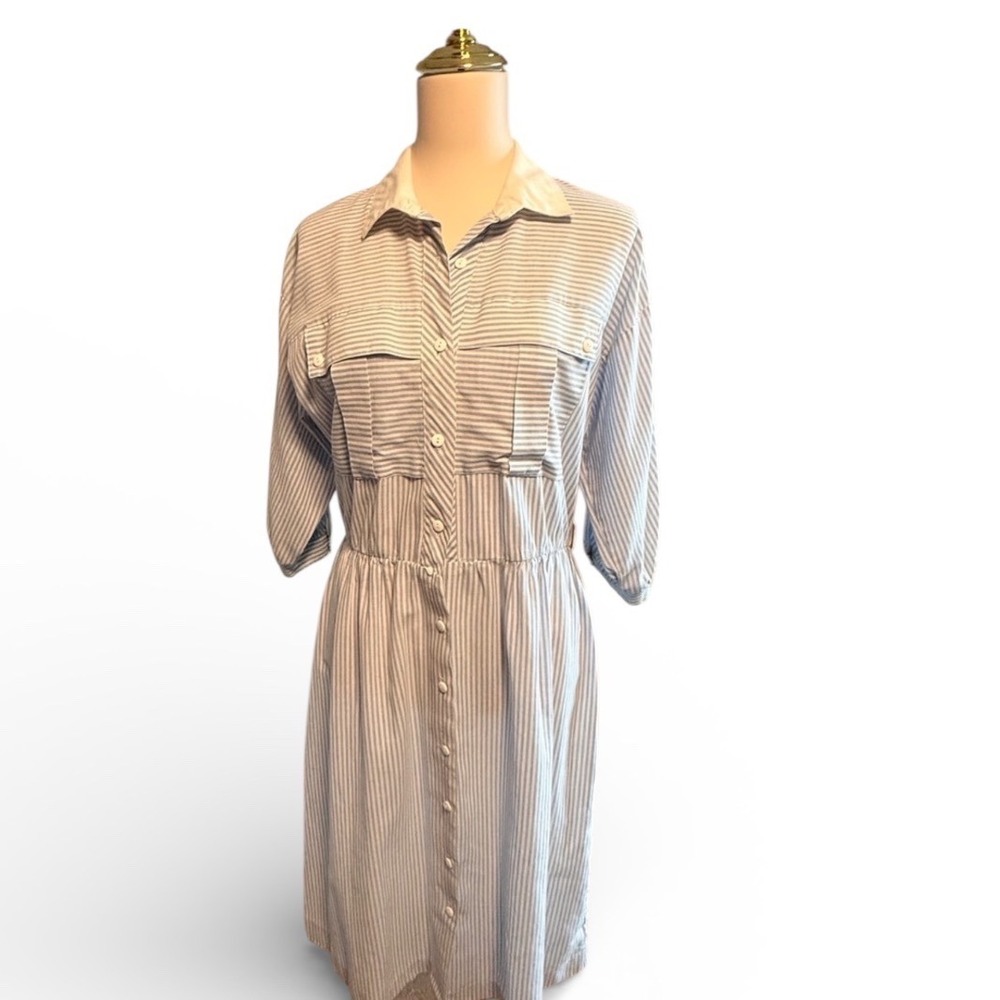 Vintage‎ PERI Petites Striped Button Front Midi Dress Shirt Style Elastic Waist